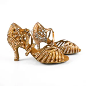 Abelia Tan Rhinestone Double Padded Latin Dance Shoes (Suede Sole)