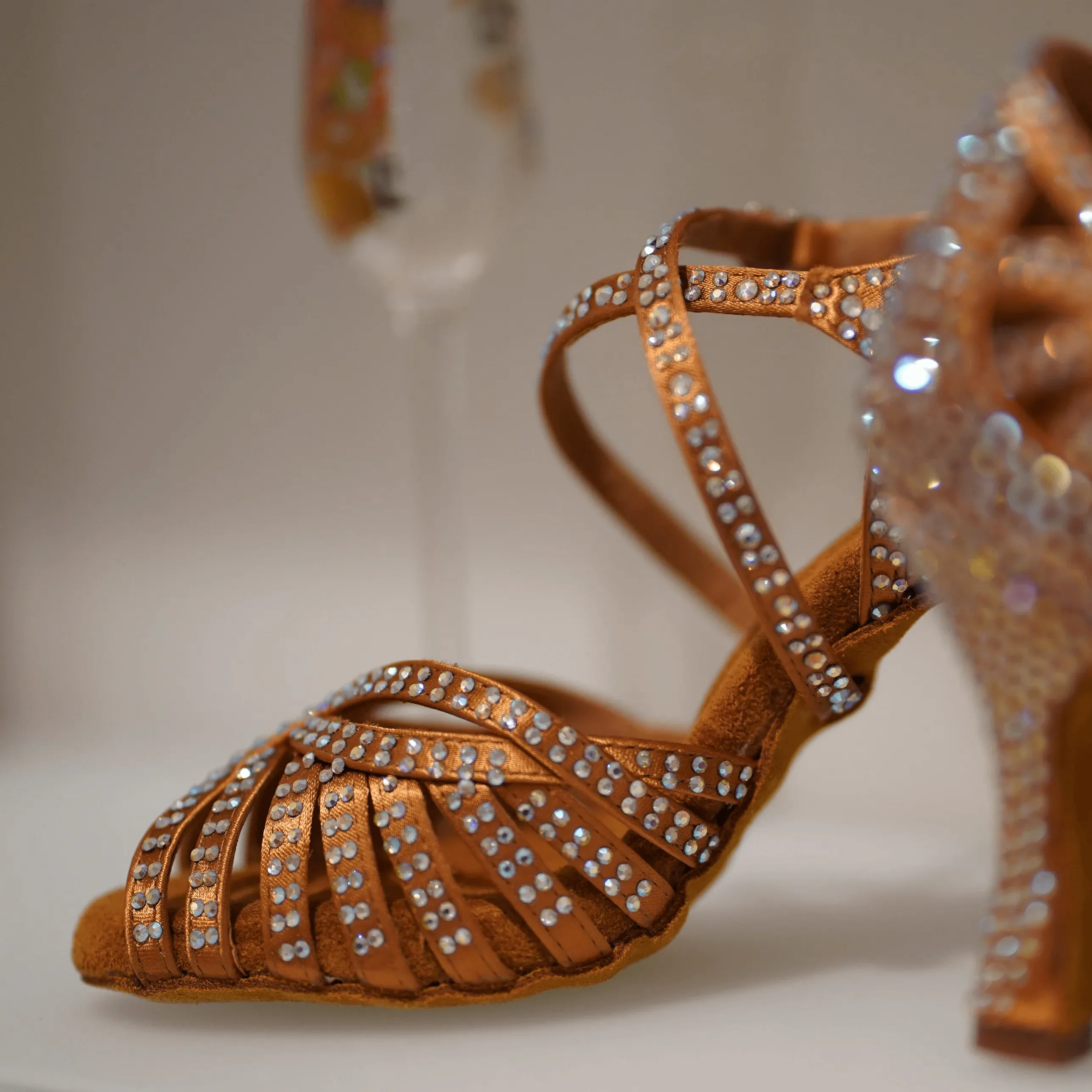 Abelia Tan Rhinestone Double Padded Latin Dance Shoes (Suede Sole)