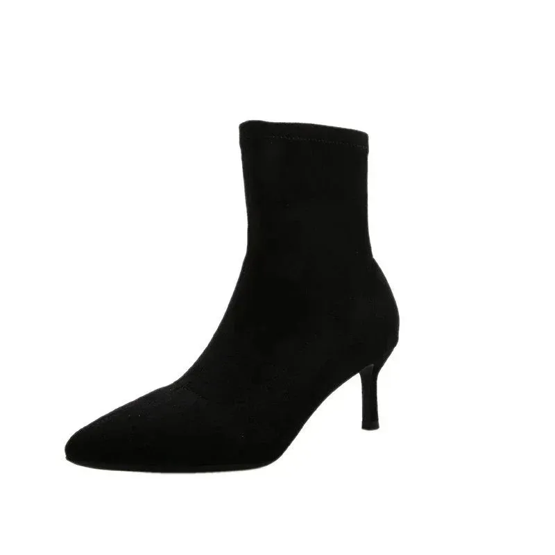Amozae-2024 Luxury Women Beige Black Sock Boots Stiletto Thin High Heels Elastic knitting Boots Winter Stretch Fabric Boots Plus Size