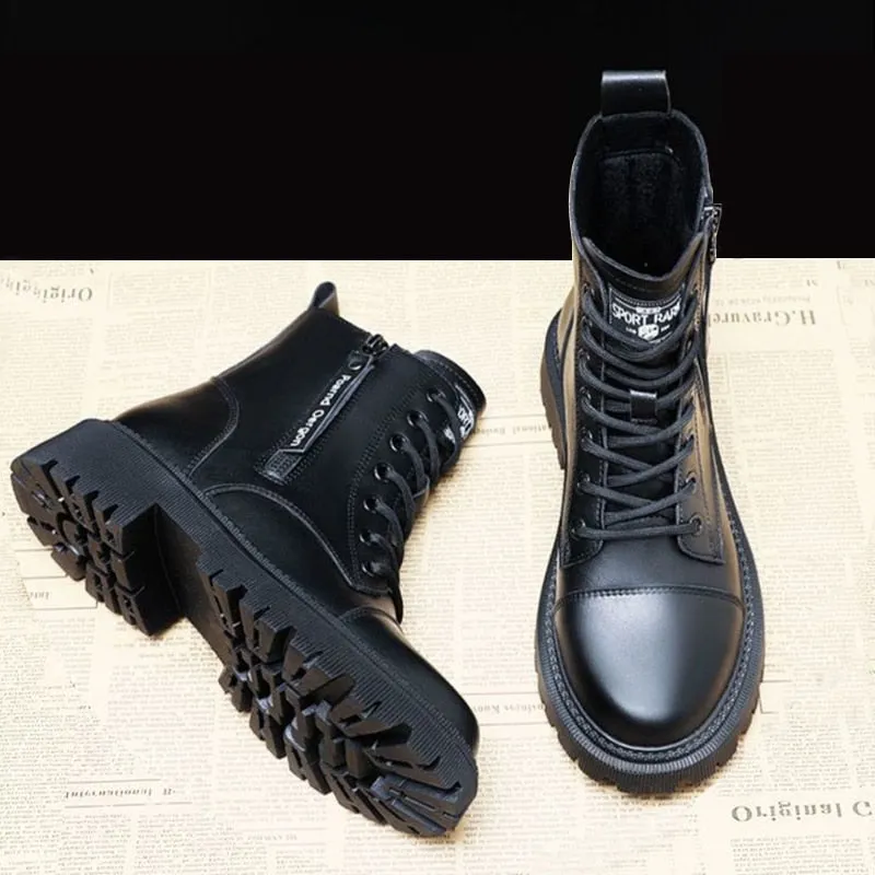 Amozae-  Booties Woman 2024 Winter Thicken Warm Fashion Round Toe Short Balck Leather Ankle Boots Women Casual Platform Shoes Botas Mujer