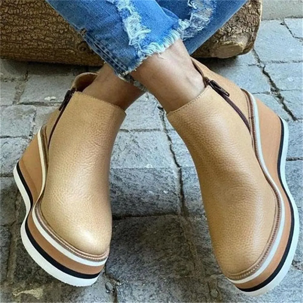 Amozae-  Women's Ankle Boots Spring Soft Faux Leather Ladies Comfy High Top Platform Shoes Side Zipper Dress Office Party Shoes