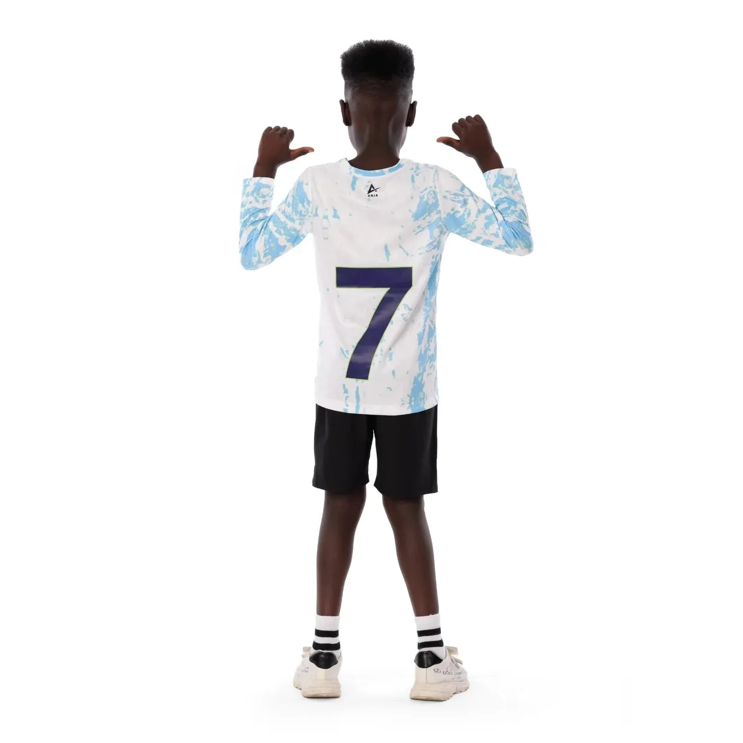 Anja Boys White Blue Football Long Sleeve T-Shirt [WS]