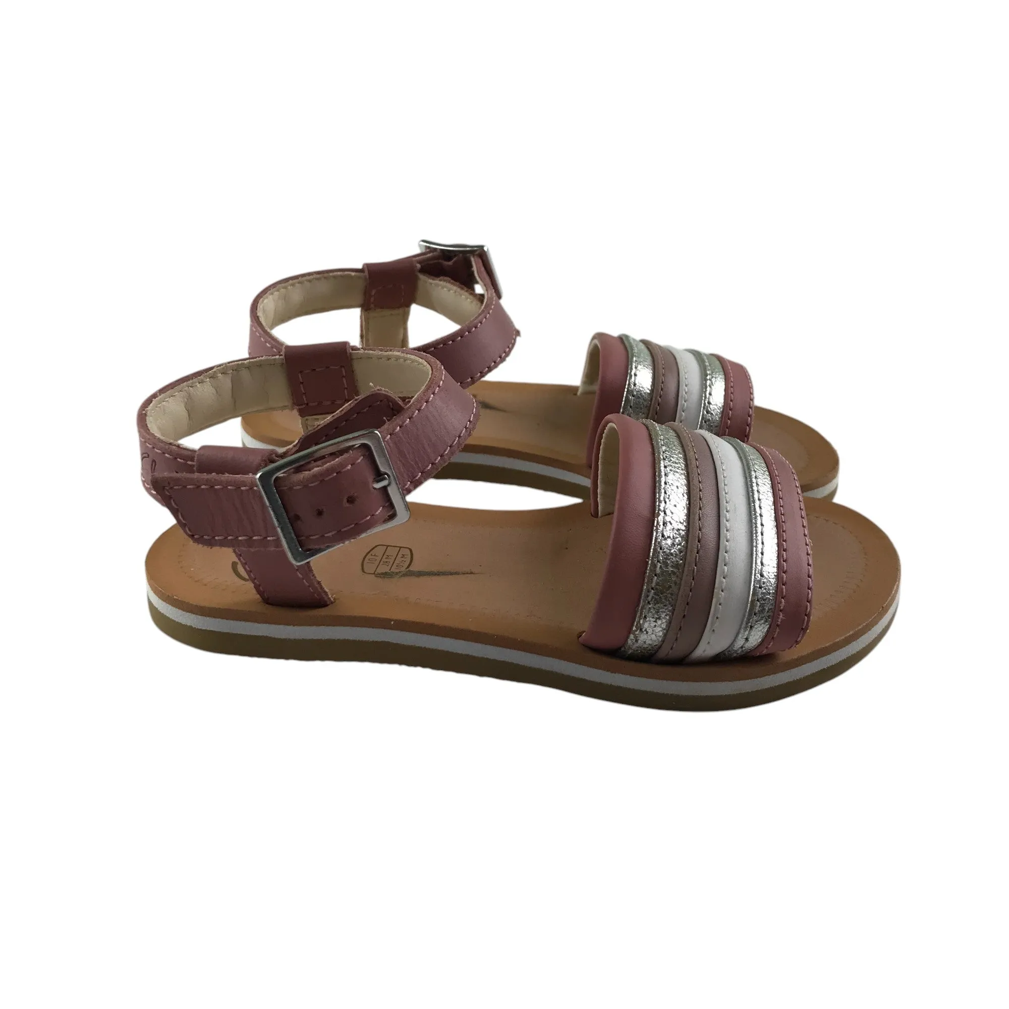 Clarks sandal shoe size 10 junior red clay and sliver straps with brown soles