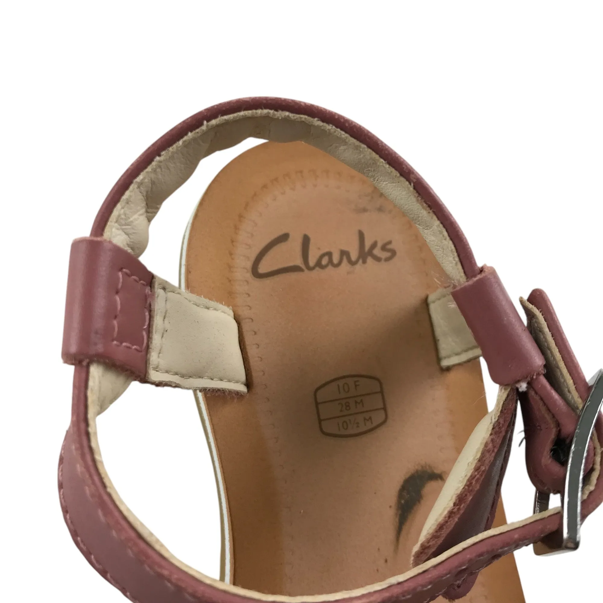 Clarks sandal shoe size 10 junior red clay and sliver straps with brown soles