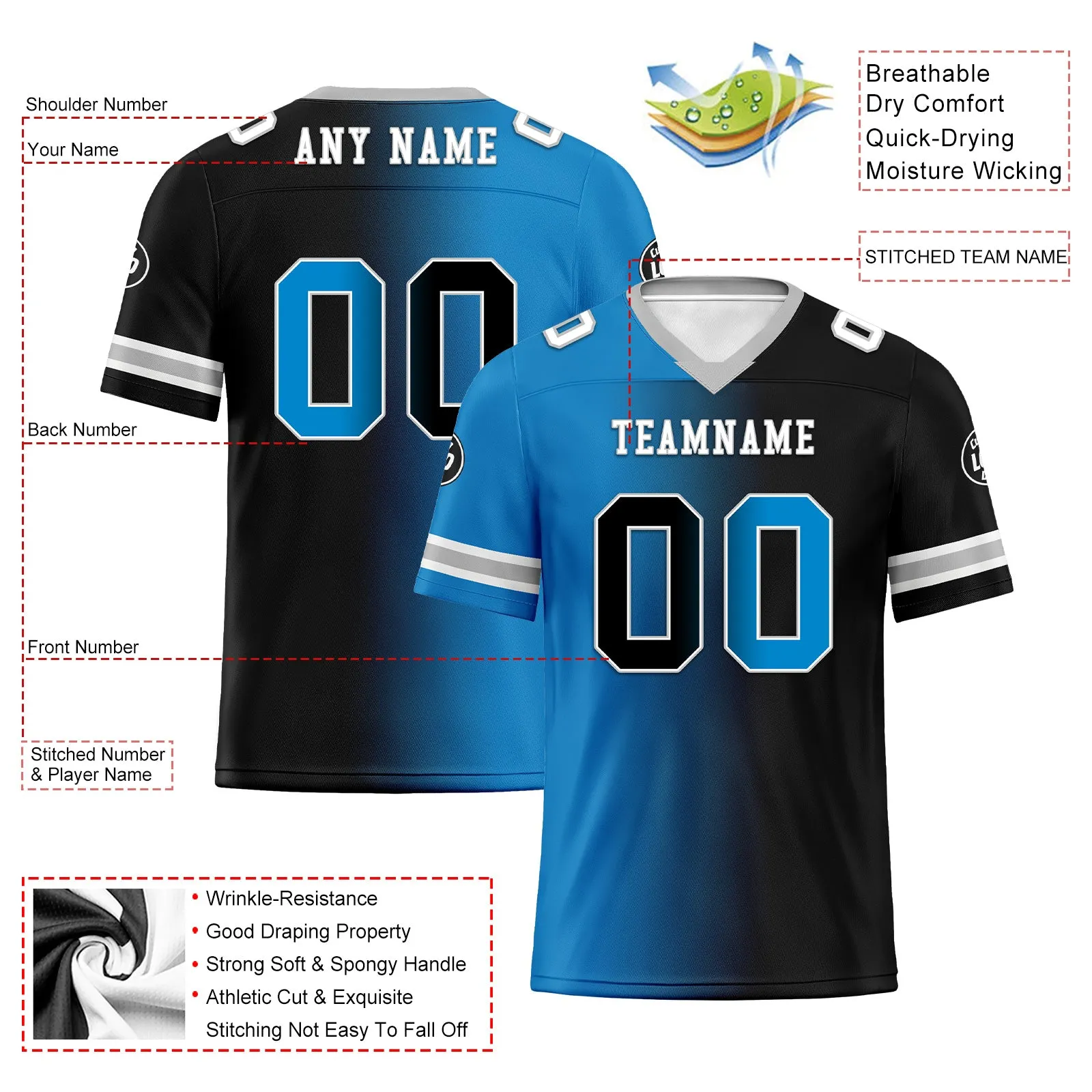 Custom Blue Black North Carolina Personalized Authentic Football Jersey FBJ02-D028017-3