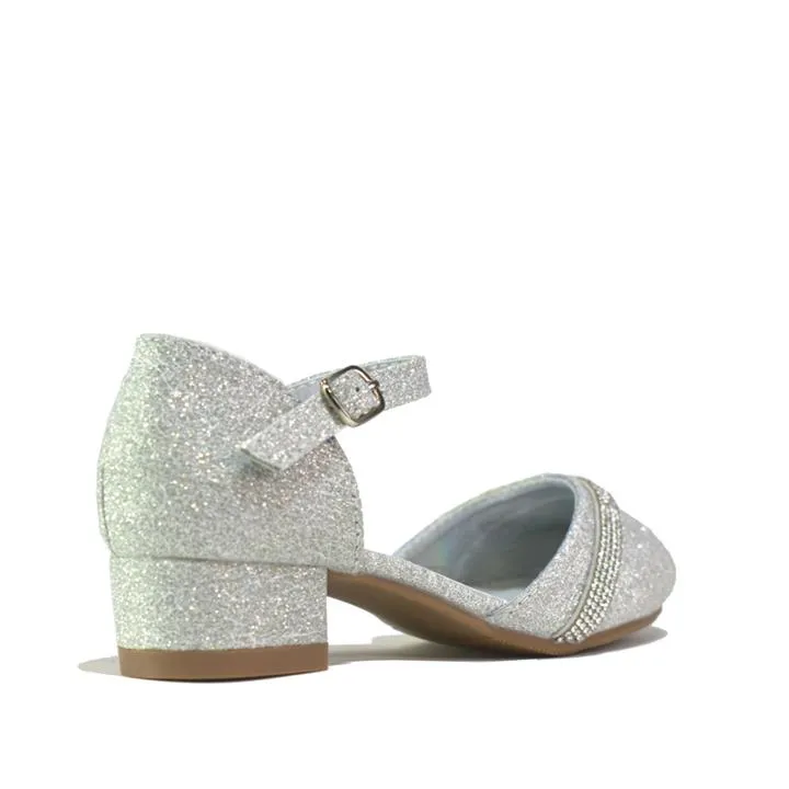 Girls Low Block Heels Diamante Sandals Silver