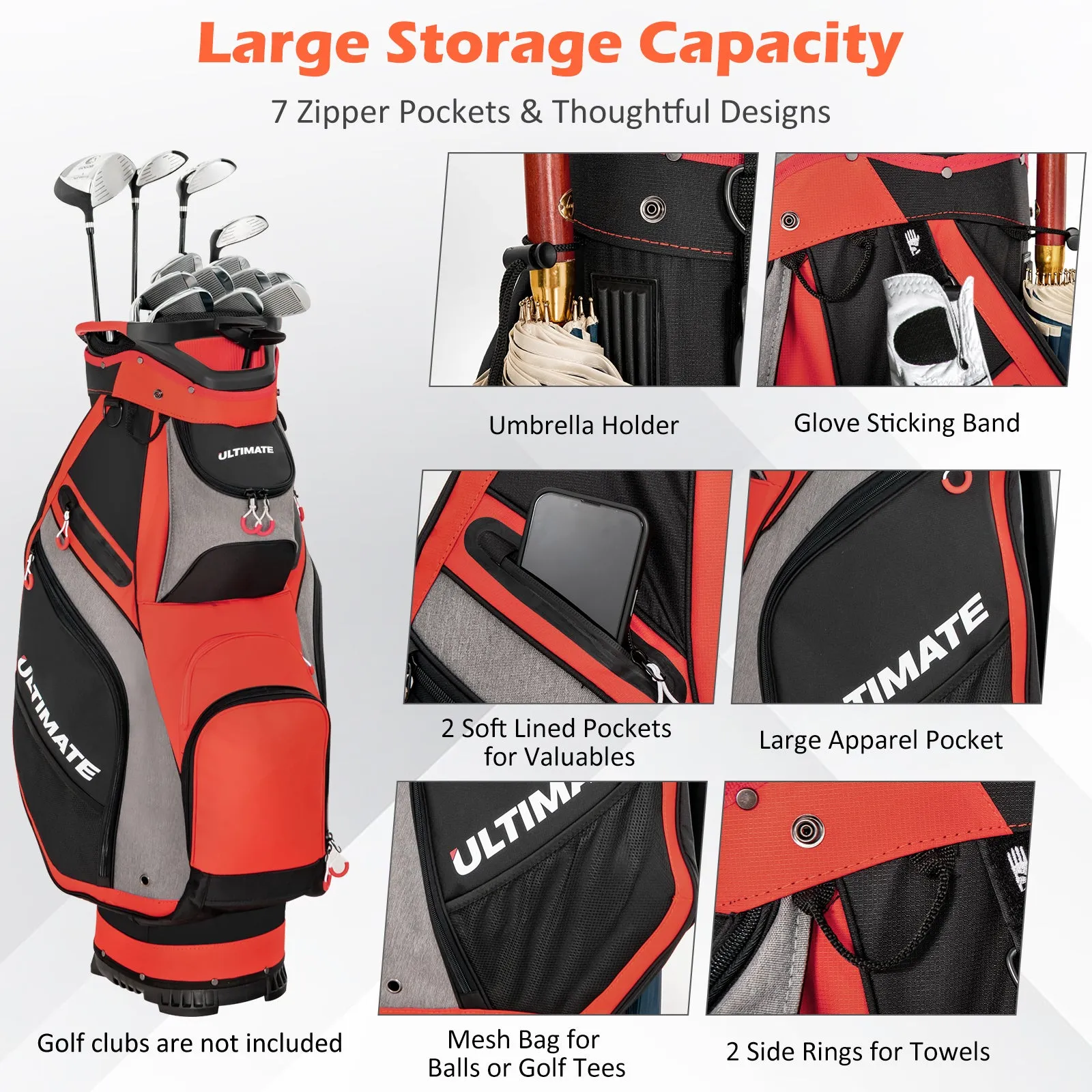NNECW Lightweight &amp Portable Golf Stand Bag with 7 Zippered Pocket-Red