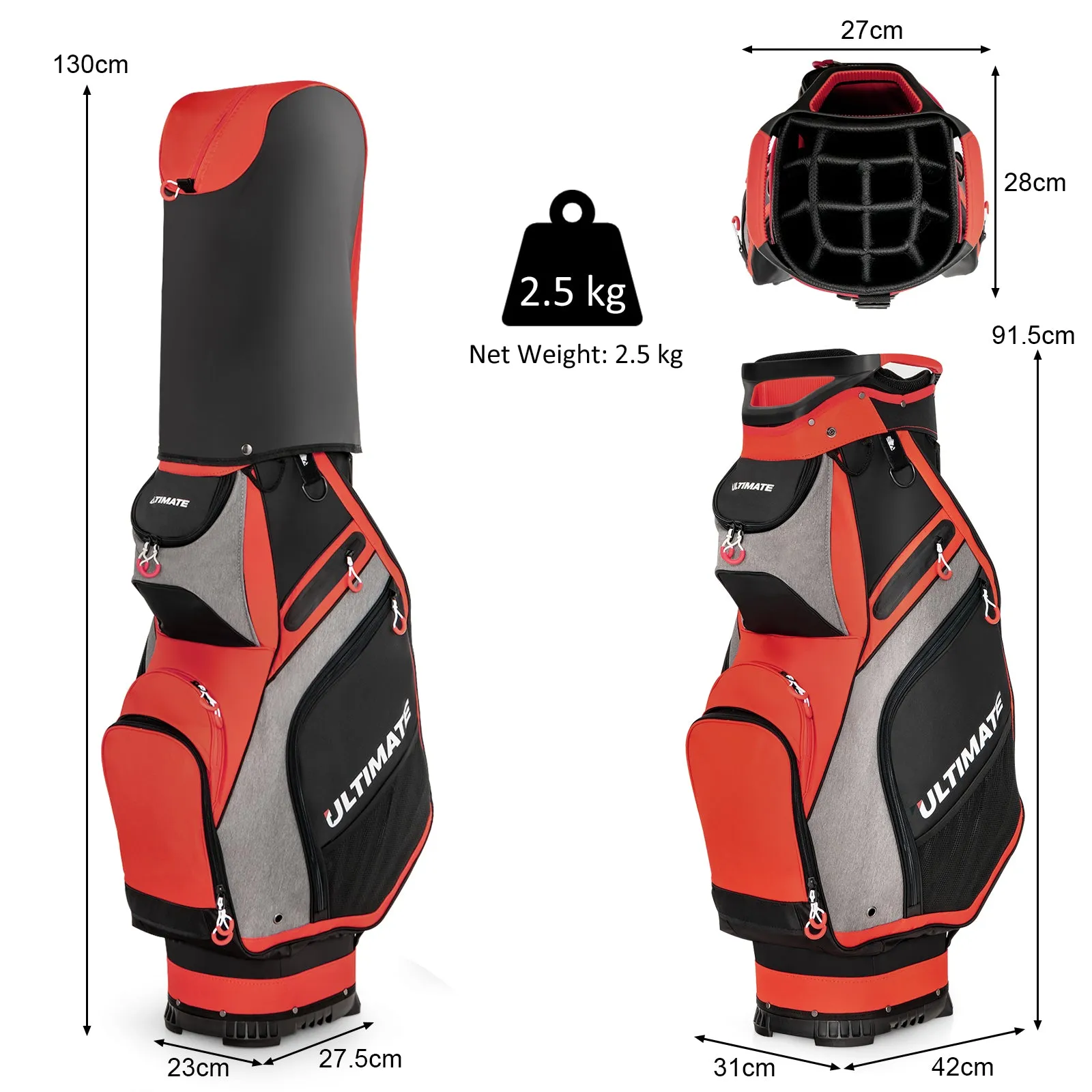 NNECW Lightweight &amp Portable Golf Stand Bag with 7 Zippered Pocket-Red