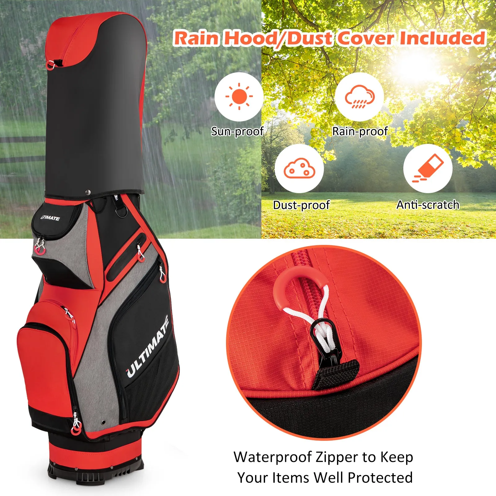 NNECW Lightweight &amp Portable Golf Stand Bag with 7 Zippered Pocket-Red