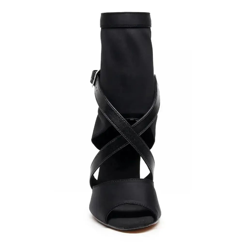 Sabeena - Open Toe Stretch Lycra Crossing Strap Latin Dance Booties (Street Sole)