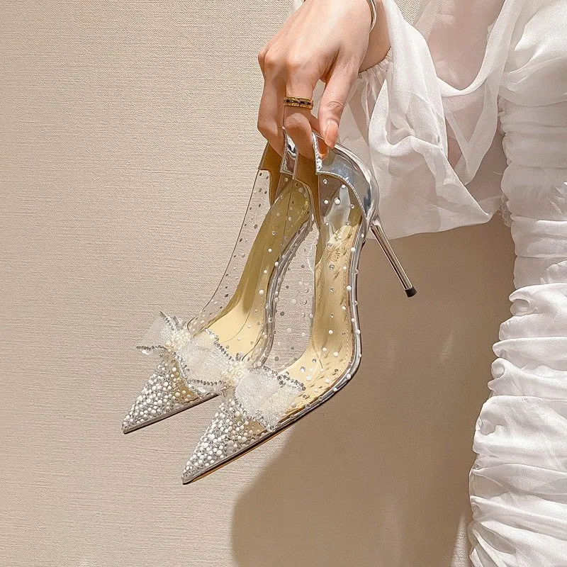 Summer Rhinestone Transparent Pointed Toe Stiletto Heels Shoes