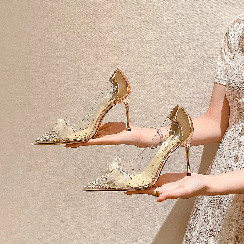 Summer Rhinestone Transparent Pointed Toe Stiletto Heels Shoes