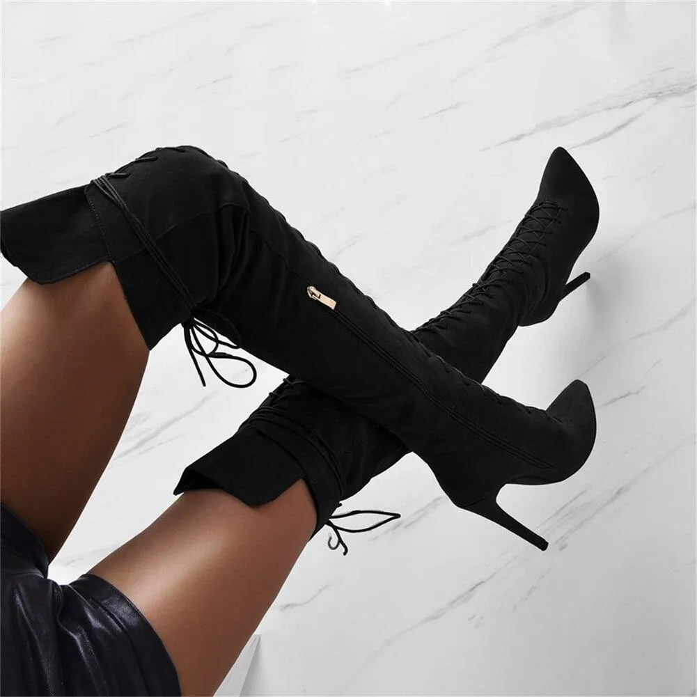 Tillbuy Tie Up Over Knee Boots