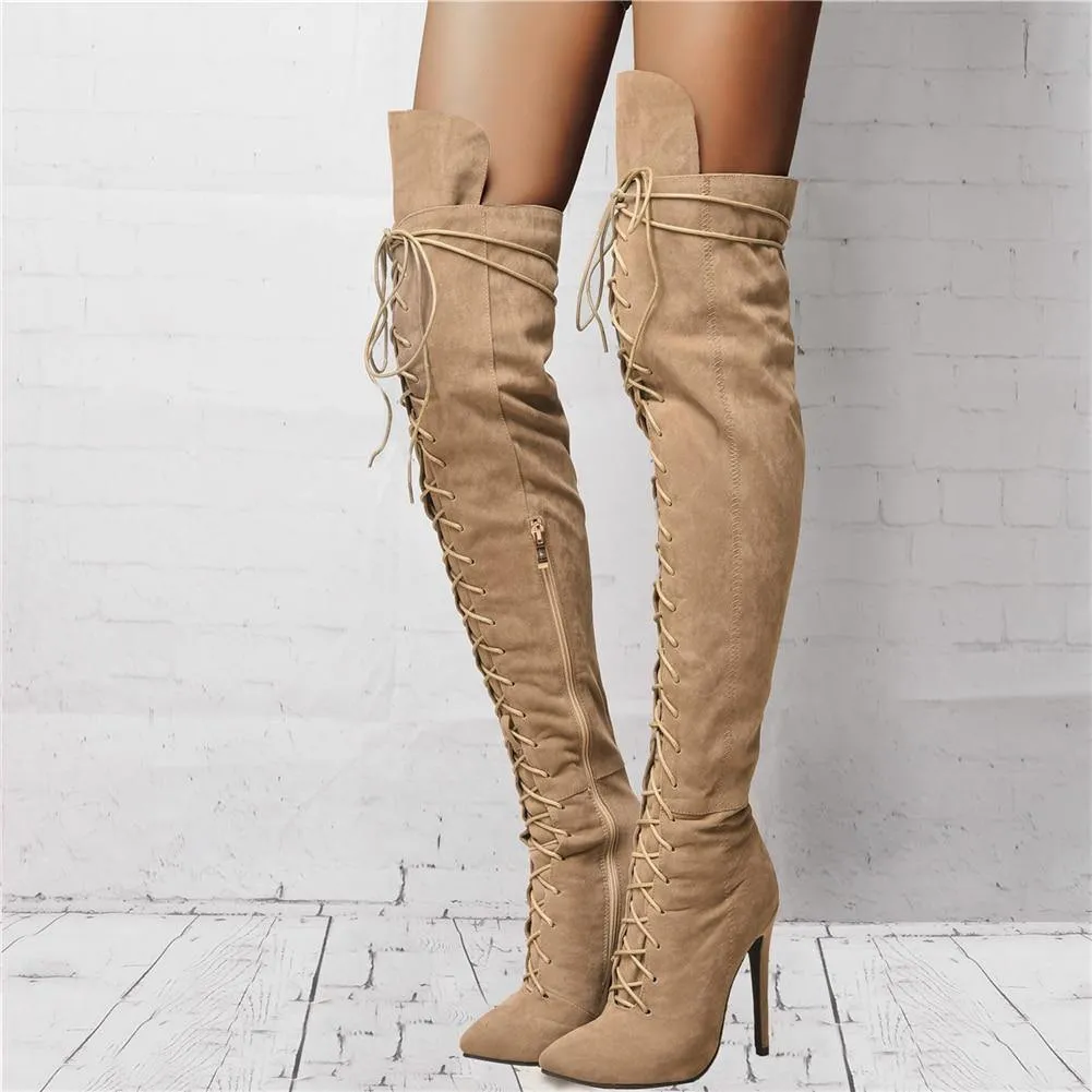 Tillbuy Tie Up Over Knee Boots