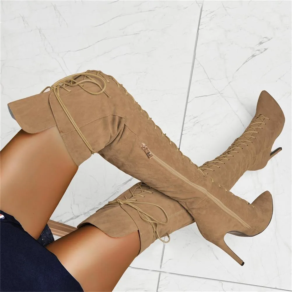 Tillbuy Tie Up Over Knee Boots