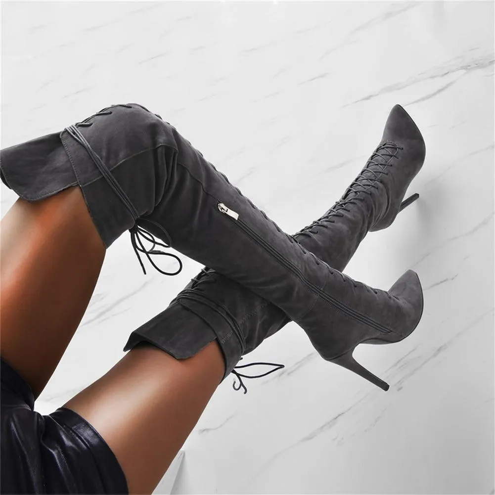 Tillbuy Tie Up Over Knee Boots