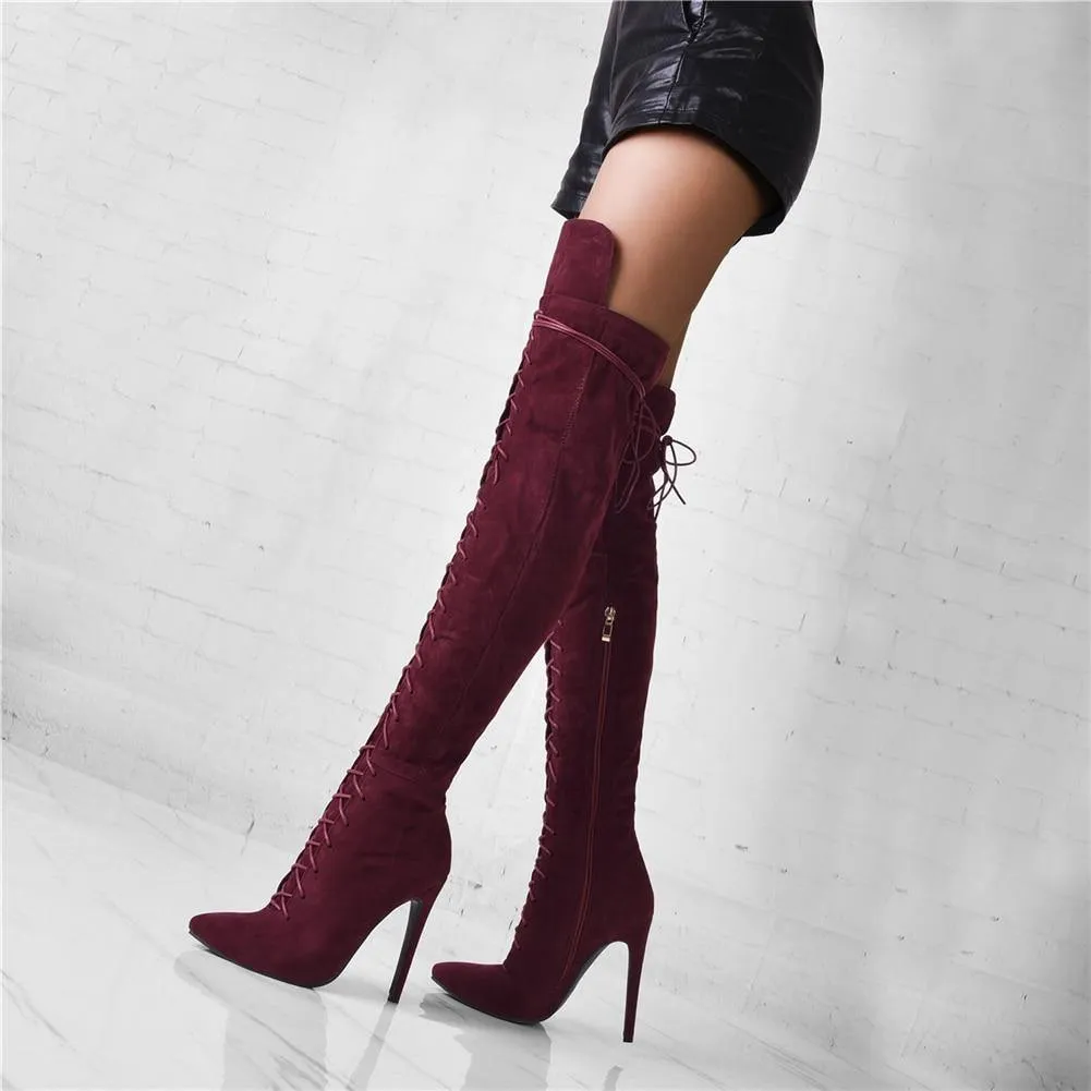 Tillbuy Tie Up Over Knee Boots