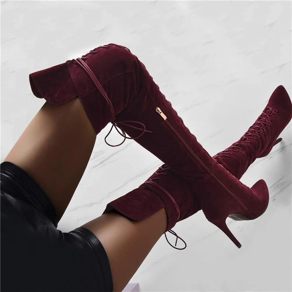 Tillbuy Tie Up Over Knee Boots