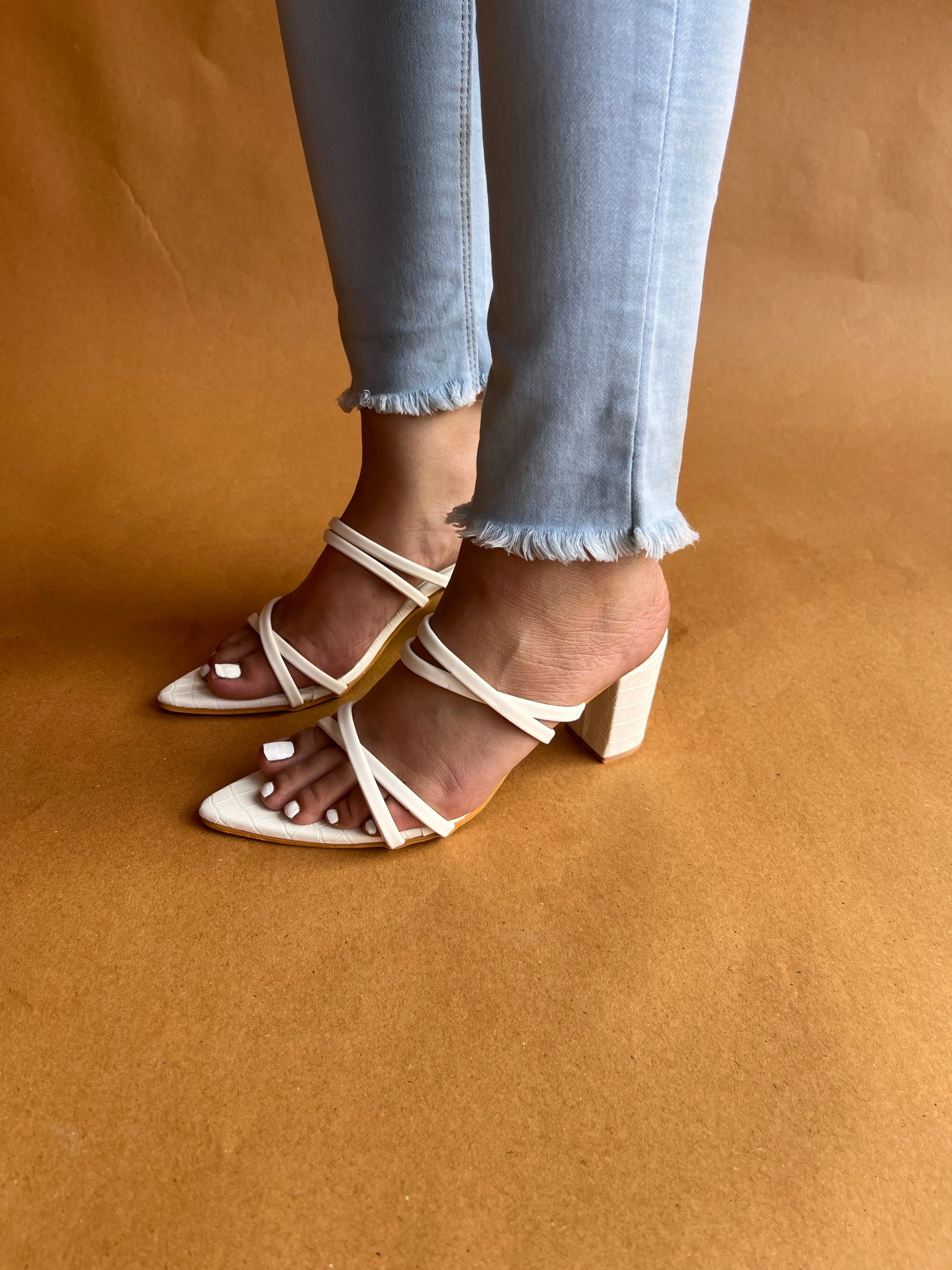 White pointed strappy heel