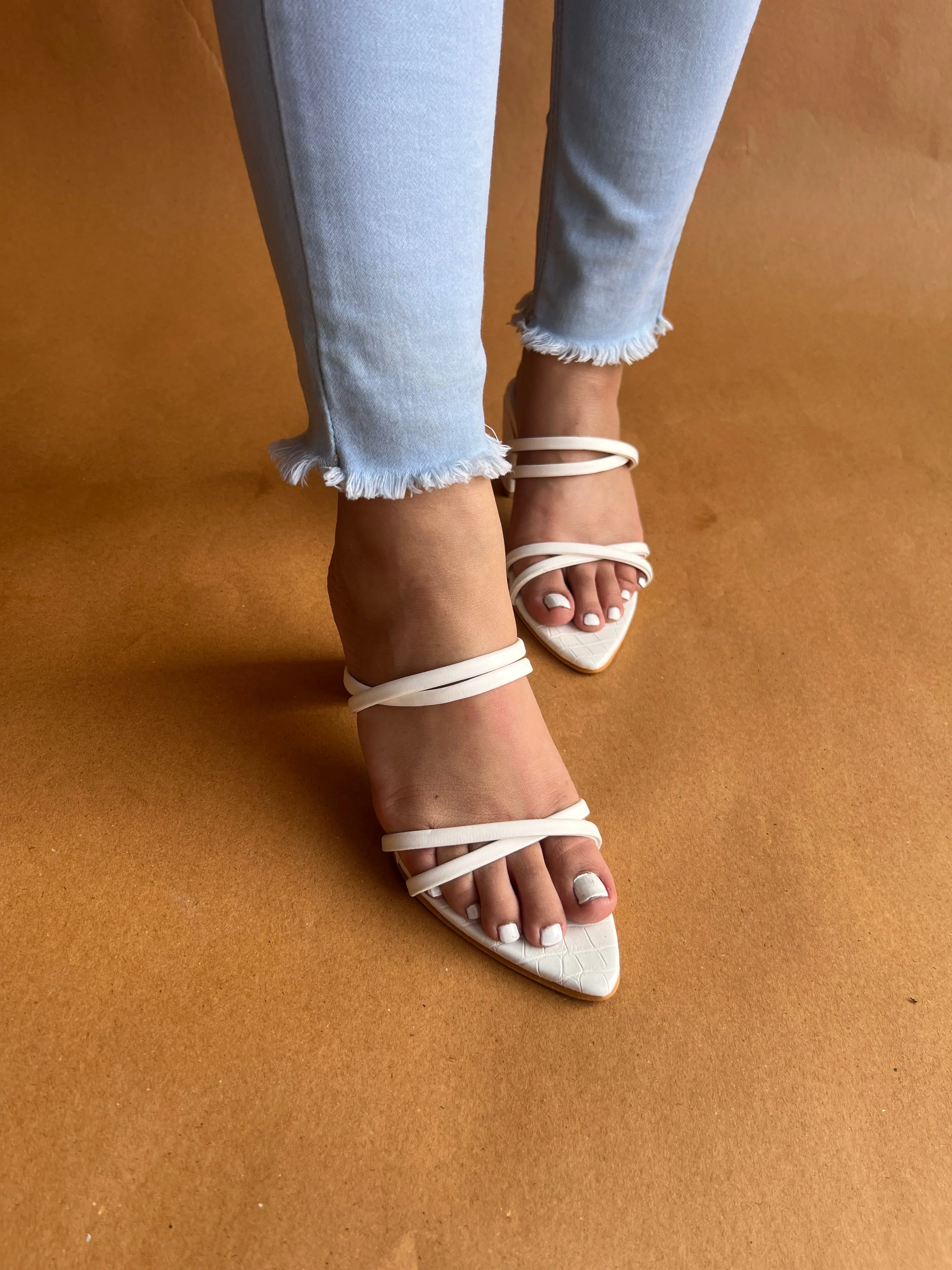 White pointed strappy heel
