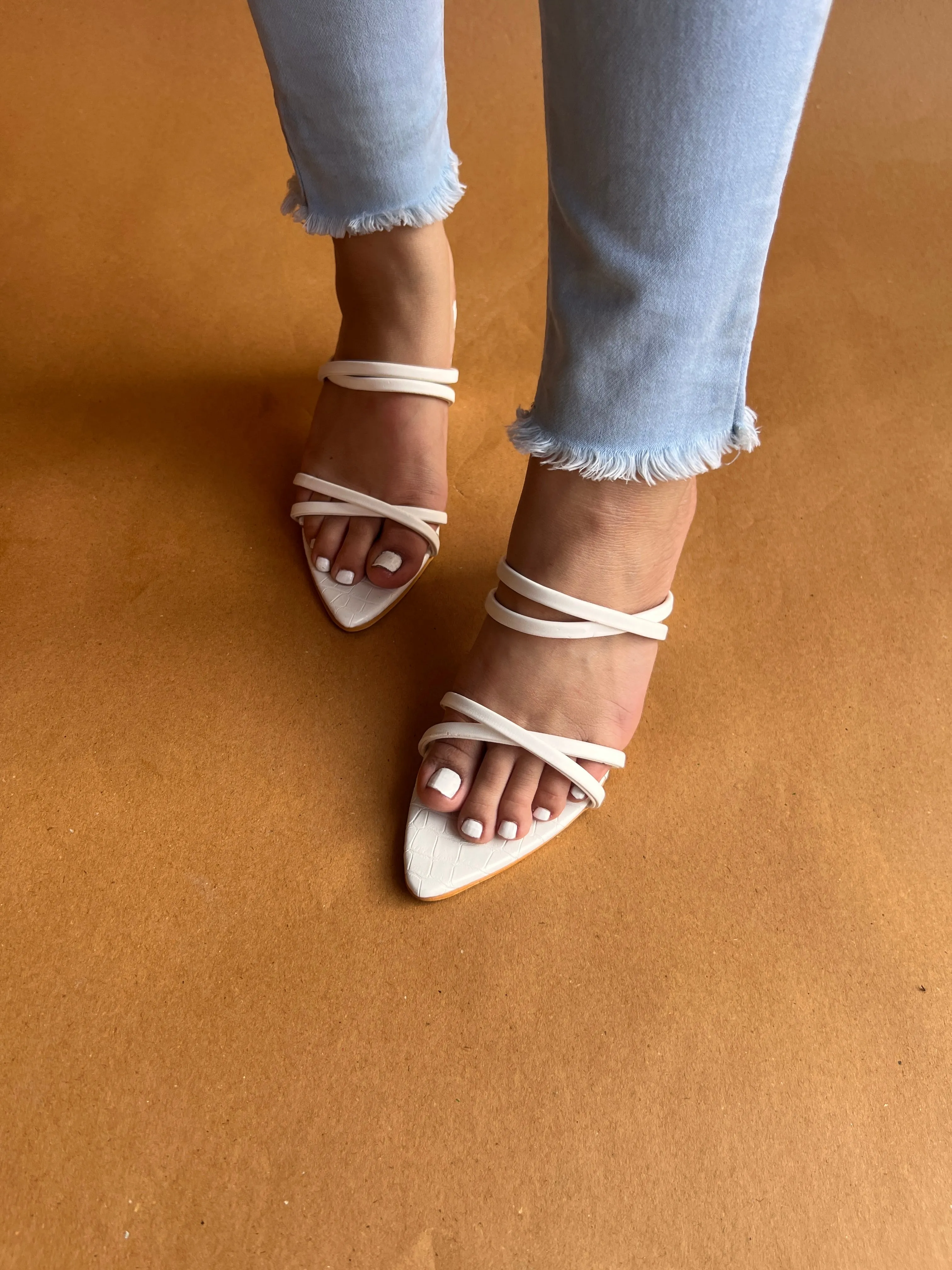 White pointed strappy heel